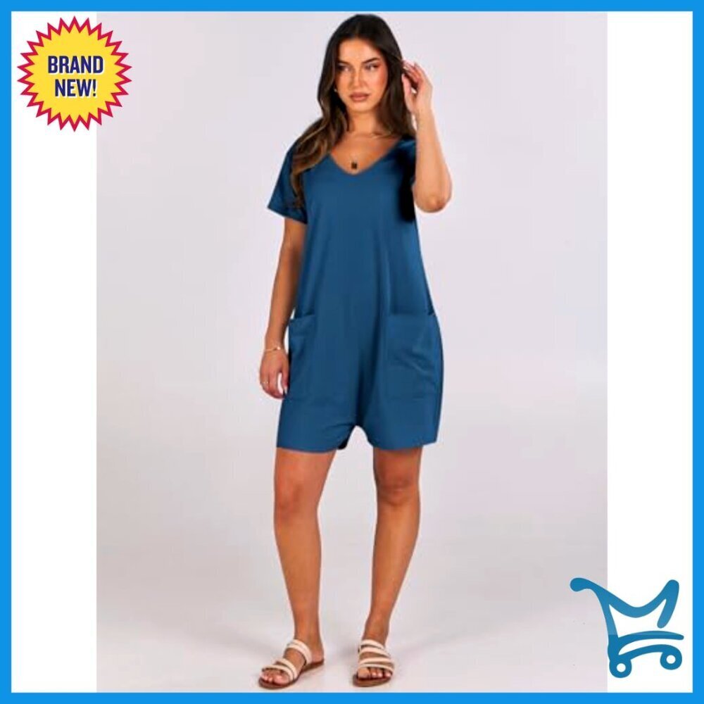 Loose Fit V Neck Romper Casual Summer Jumpsuit with Pockets Short Sleeve - Picture 3 of 7